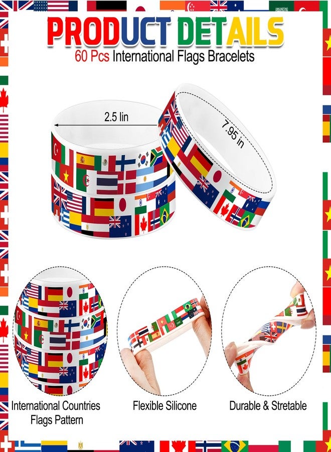 Threehoney 60 Pcs International World Country Flags Wristbands Silicone Bracelets American Flags Wristband International Sport Events Party Favor Around The World for School Office Festival Supplies - Image 2